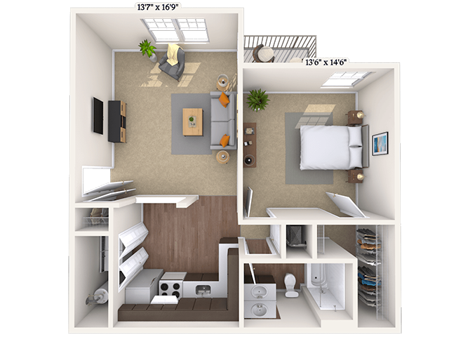 Floor plan for 1 bed, 1 bath, 728 sqft
