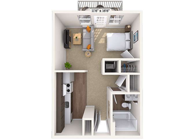 Floor plan for studio, 1 bath, 408 sqft