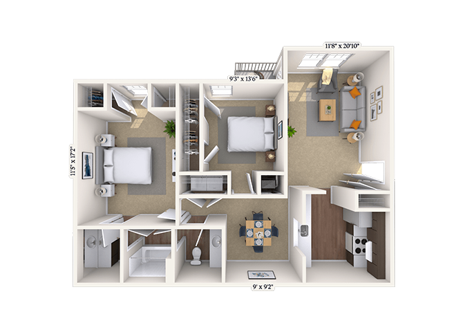 Floor plan for 2 beds, 1 bath, 1016 sqft