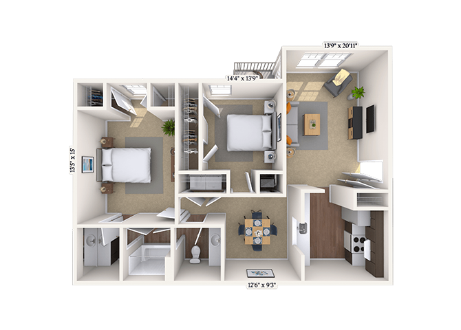 Floor plan for 2 beds, 1 bath, 1064 sqft