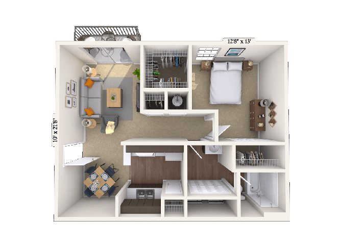 Floor plan for 1 bed, 1 bath, 700 sqft