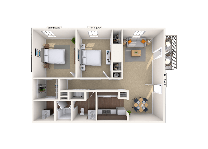 Floor plan for 2 beds, 2 baths, 1040 sqft