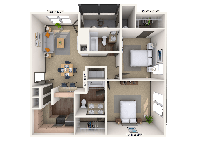 Floor plan for 2 beds, 2 baths, 1187 sqft