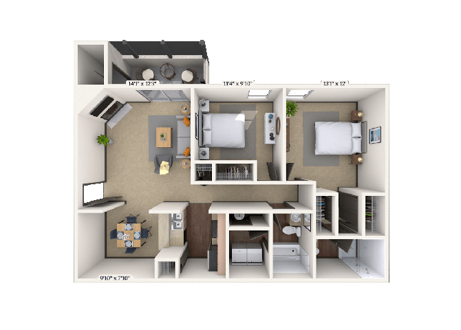 Floor plan for 2 beds, 2 baths, 1048 sqft