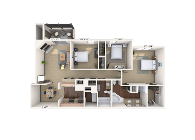 Floor plan for 3 beds, 2 baths, 1384 sqft