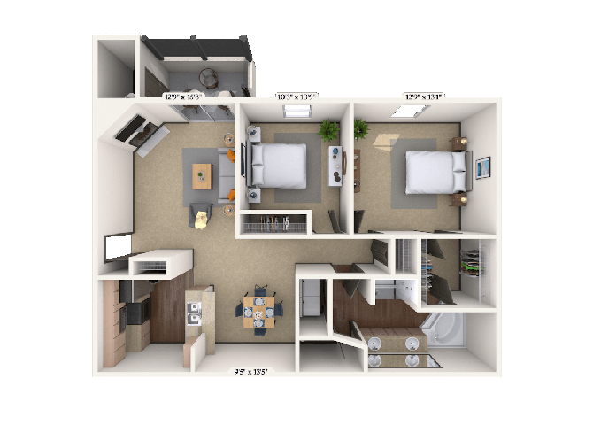 Floor plan for 1 bed, 1 bath, 1108 sqft