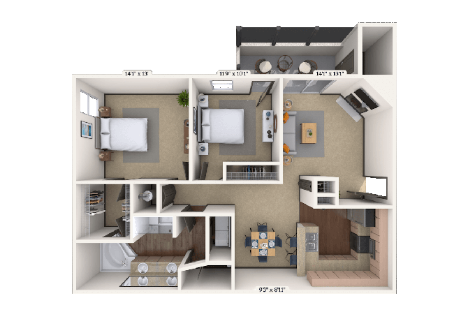 Floor plan for 1 bed, 1 bath, 1139 sqft