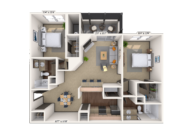 Floor plan for 2 beds, 2 baths, 1168 sqft
