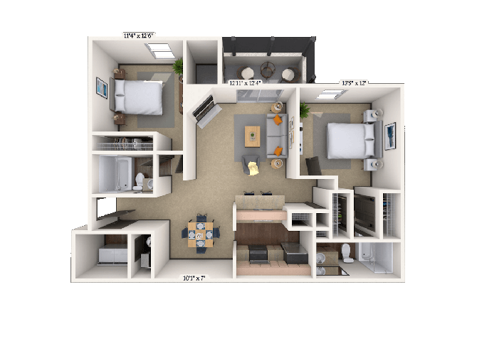 Floor plan for 2 beds, 2 baths, 1072 sqft