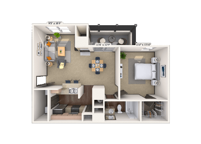 Floor plan for 1 bed, 1 bath, 797 sqft