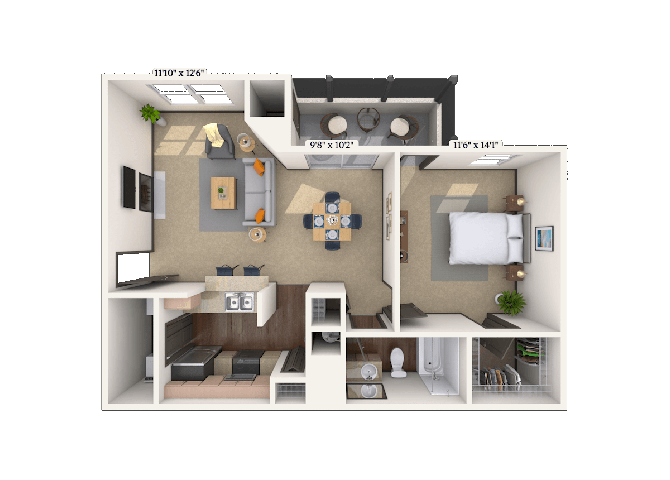 Floor plan for 1 bed, 1 bath, 783 sqft