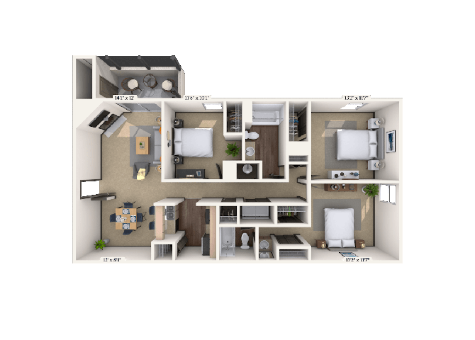 Floor plan for 3 beds, 2 baths, 1287 sqft