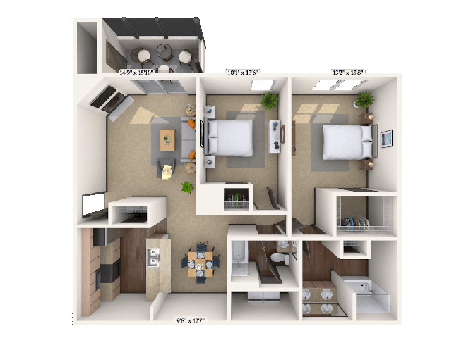 Floor plan for 2 beds, 2 baths, 1248 sqft