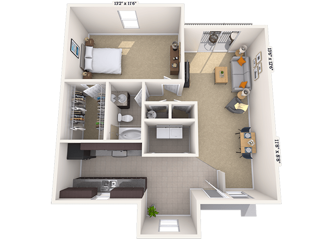 Floor plan for 1 bed, 1 bath, 728 sqft