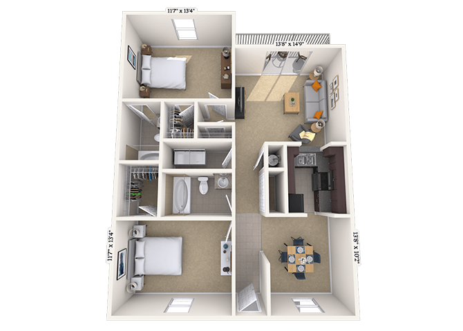 Floor plan for 2 beds, 2 baths, 1032 sqft