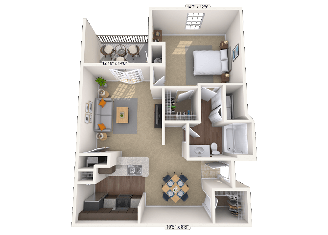 Floor plan for 1 bed, 1 bath, 807 sqft