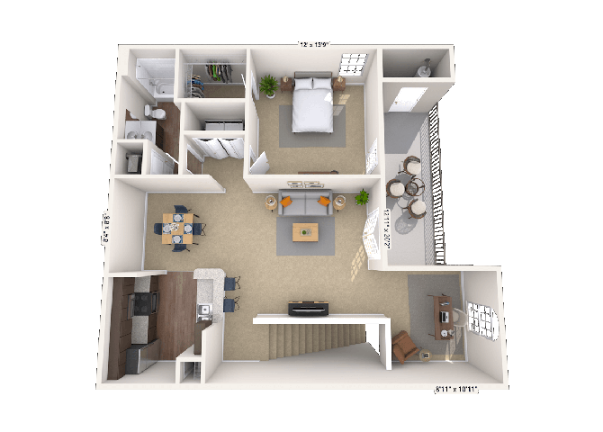Floor plan for 1 bed, 1 bath, 976 sqft