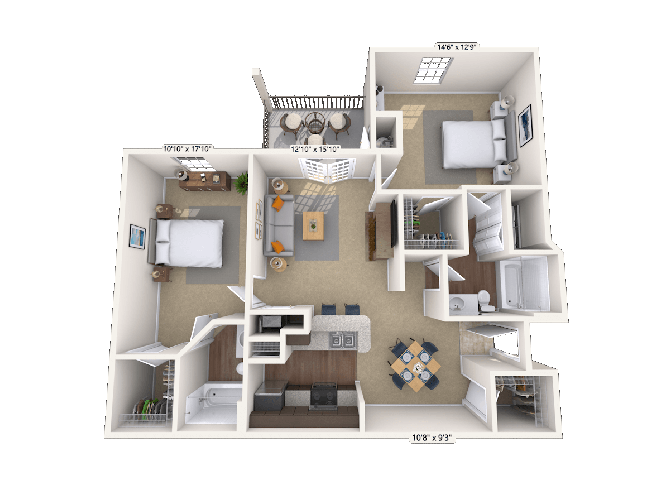 Floor plan for 2 beds, 2 baths, 1093 sqft