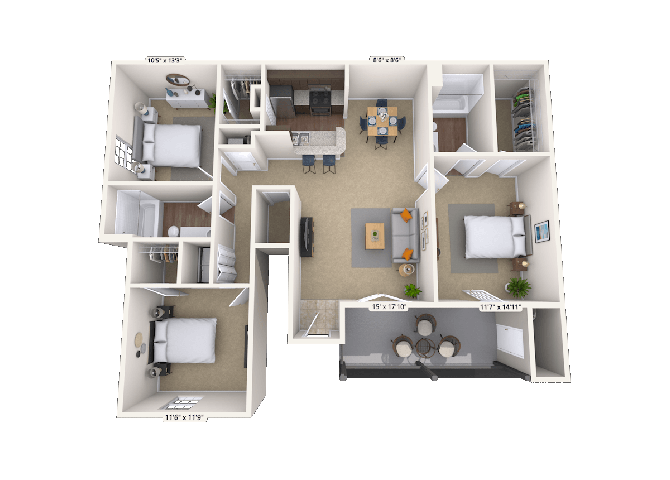 Floor plan for 3 beds, 2 baths, 1404 sqft