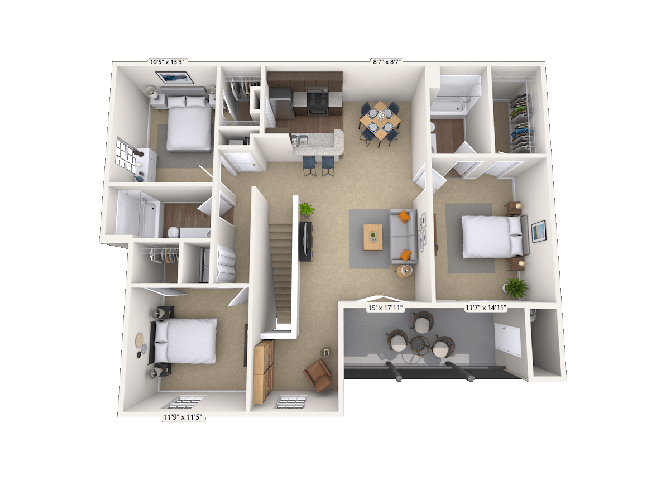 Floor plan for 3 beds, 2 baths, 1533 sqft