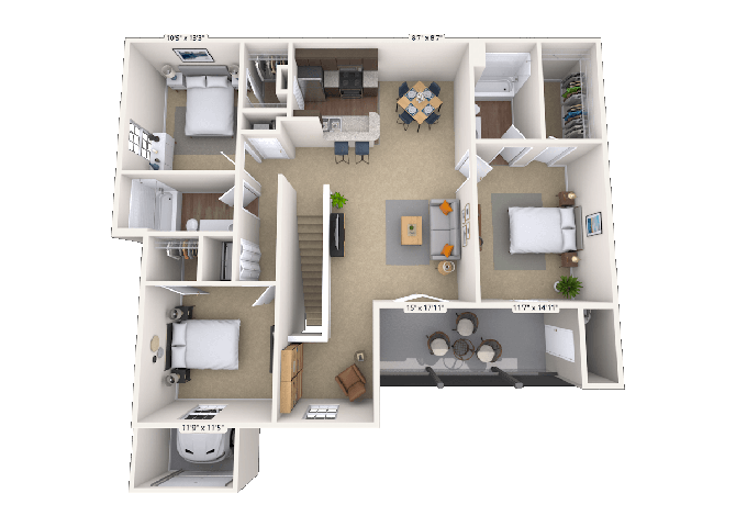 Floor plan for 3 beds, 2 baths, 1547 sqft