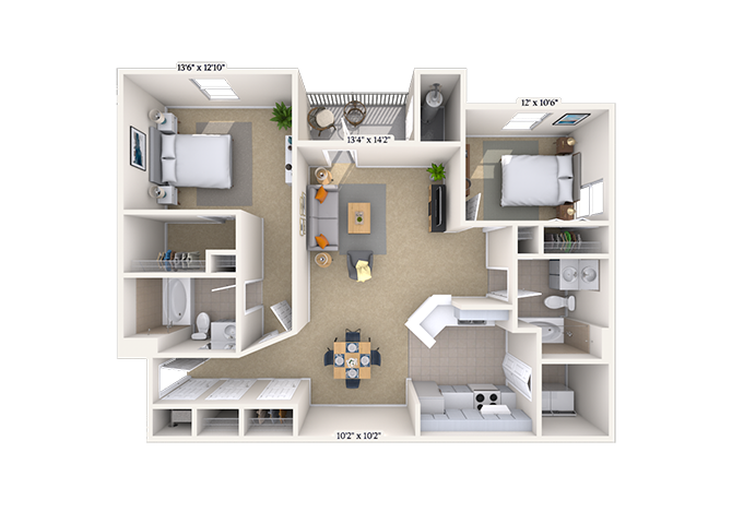 Floor plan for 2 beds, 2 baths, 1127 sqft