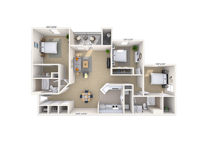 Floor plan for 3 beds, 2 baths, 1378 sqft
