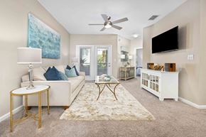 Gulf Shores apartment for rent - A living room with a white couch, a gold side table, and a large painting on the wall.