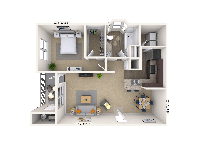 Floor plan for 1 bed, 1 bath, 783 sqft