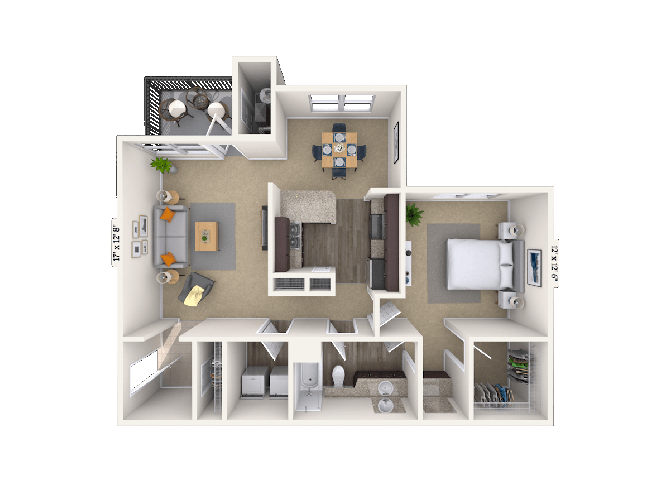 Floor plan for 1 bed, 1 bath, 800 sqft
