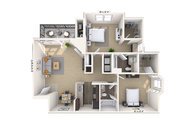 Floor plan for 2 beds, 2 baths, 1108 sqft
