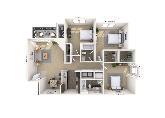 Floor plan for 3 beds, 2 baths, 1293 sqft