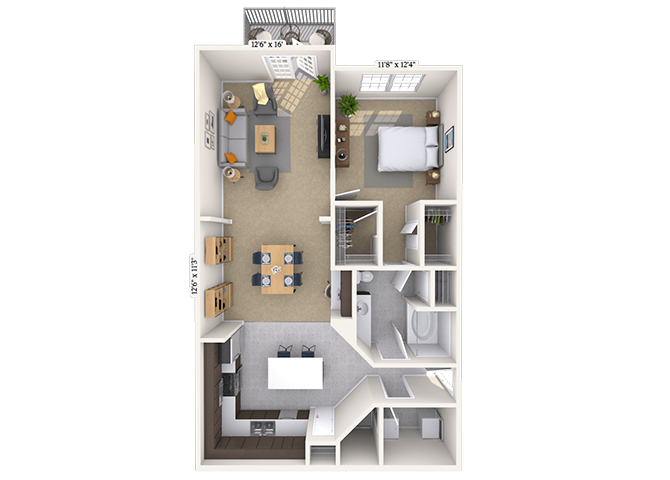 Floor plan for 1 bed, 1 bath, 1013 sqft