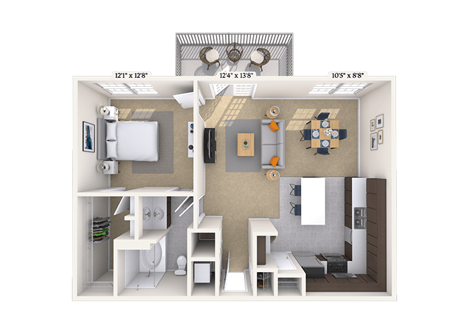 Floor plan for 1 bed, 1 bath, 834 sqft