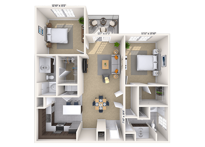 Floor plan for 2 beds, 2 baths, 1247 sqft