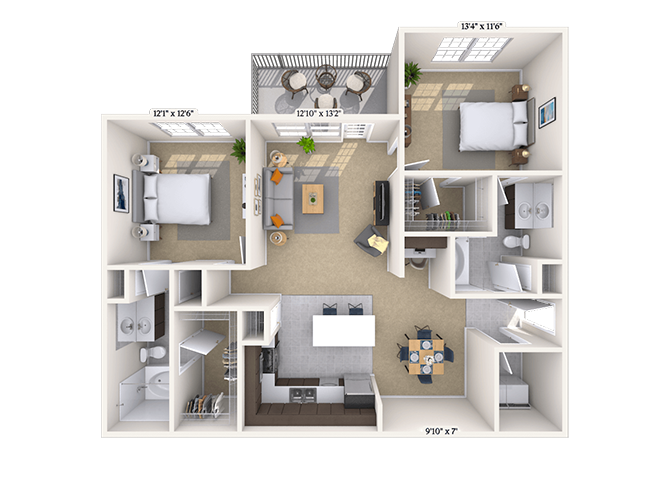 Floor plan for 2 beds, 2 baths, 1195 sqft