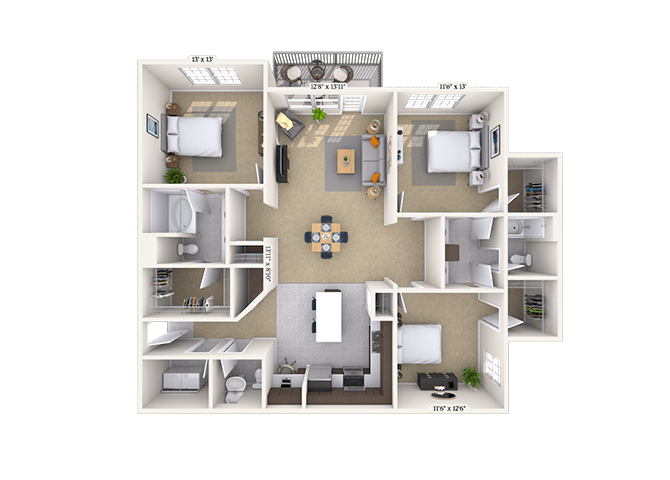 Floor plan for 3 beds, 2 baths, 1554 sqft