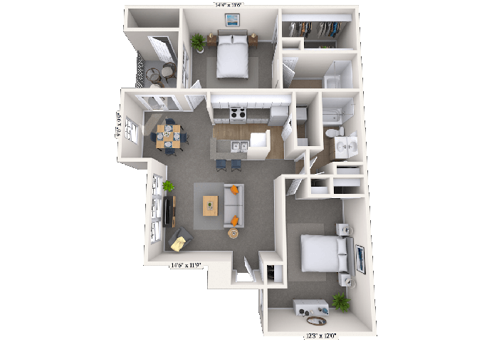 Floor plan for 2 beds, 2 baths, 1017 sqft