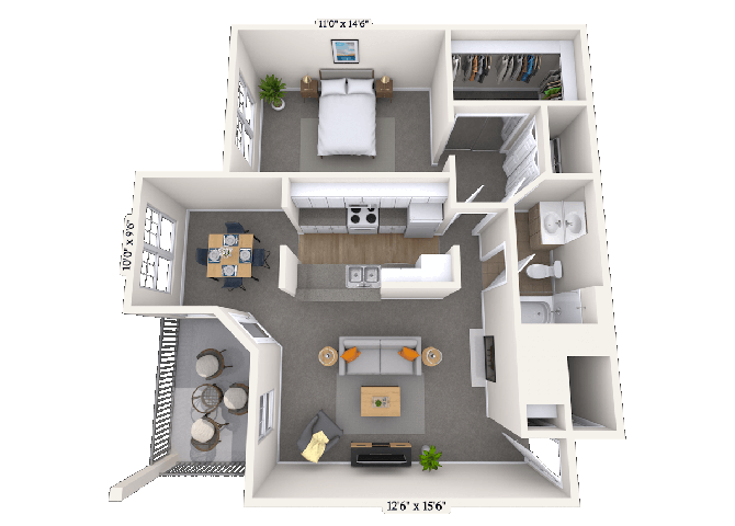 Floor plan for 1 bed, 1 bath, 906 sqft