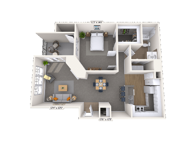 Floor plan for 1 bed, 1 bath, 906 sqft