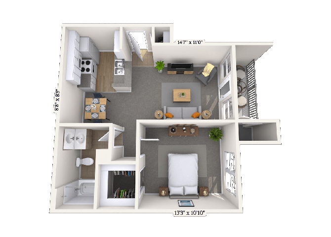 Floor plan for 1 bed, 1 bath, 695 sqft