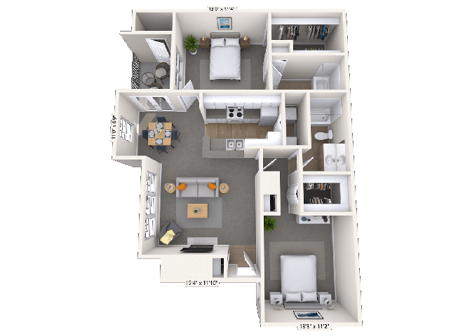 Floor plan for 2 beds, 2 baths, 1134 sqft