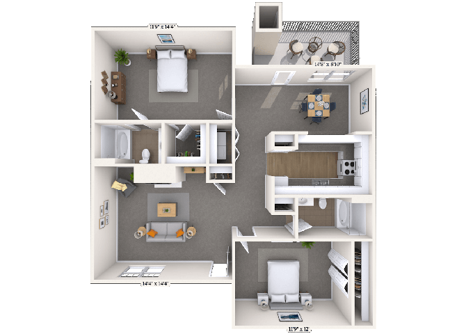 Floor plan for 2 beds, 2 baths, 1300 sqft