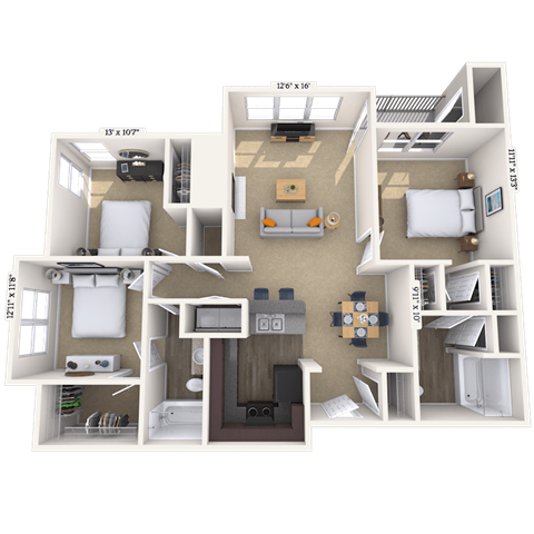 Floor plan for 3 beds, 2 baths, 1331 sqft