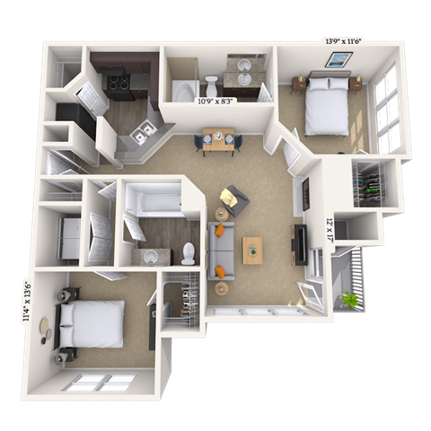 Floor plan for 2 beds, 2 baths, 1113 sqft