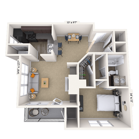 Floor plan for 1 bed, 1 bath, 801 sqft