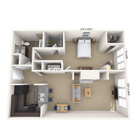 Floor plan for 1 bed, 1 bath, 810 sqft