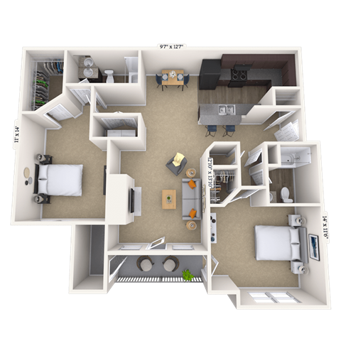 Floor plan for 2 beds, 2 baths, 1224 sqft