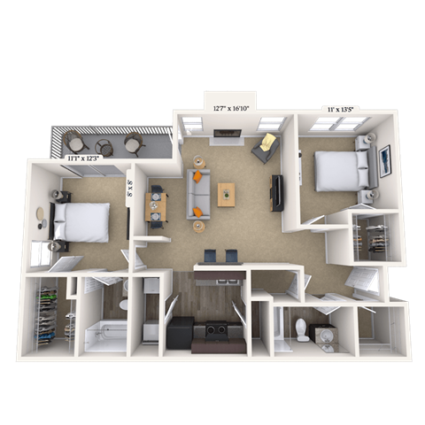 Floor plan for 2 beds, 2 baths, 1016 sqft