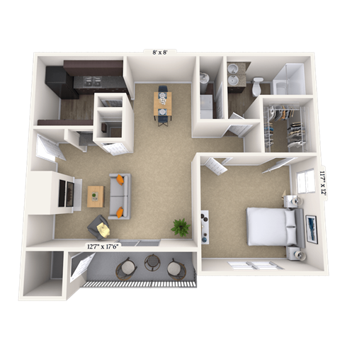 Floor plan for 1 bed, 1 bath, 690 sqft